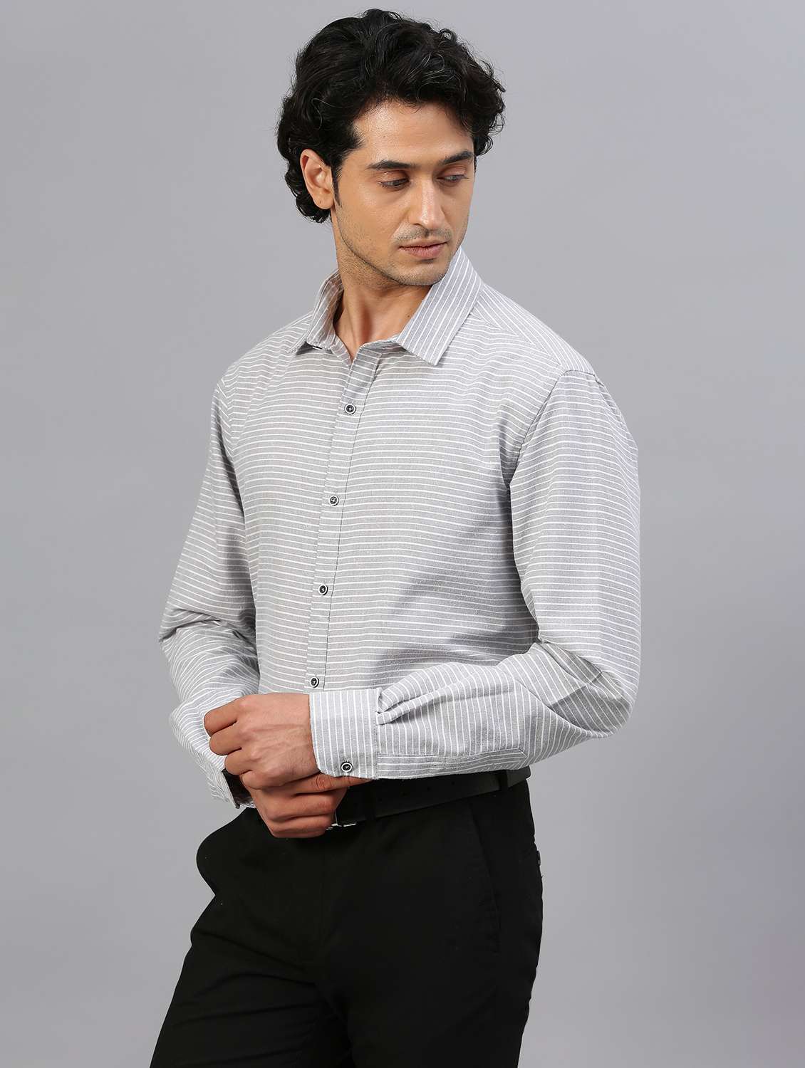 grey horizontal striped long sleeves formal shirt - 20365299 -  Standard Image - 3