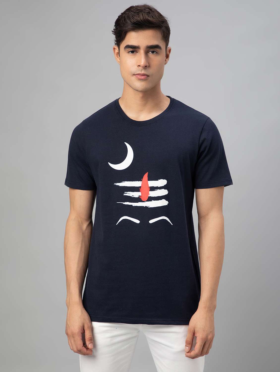 navy blue printed short sleeve t-shirt