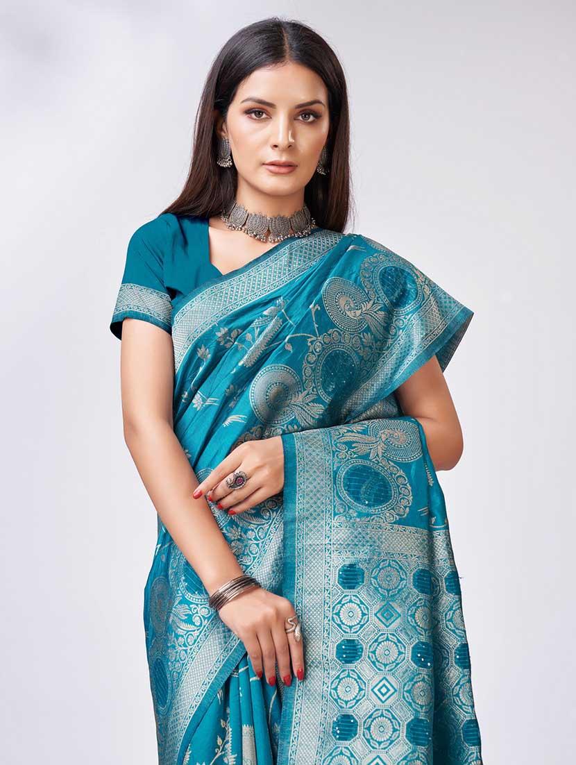 turquoise colored banarasi saree with blouse - 20367467 - Standard Image - 3