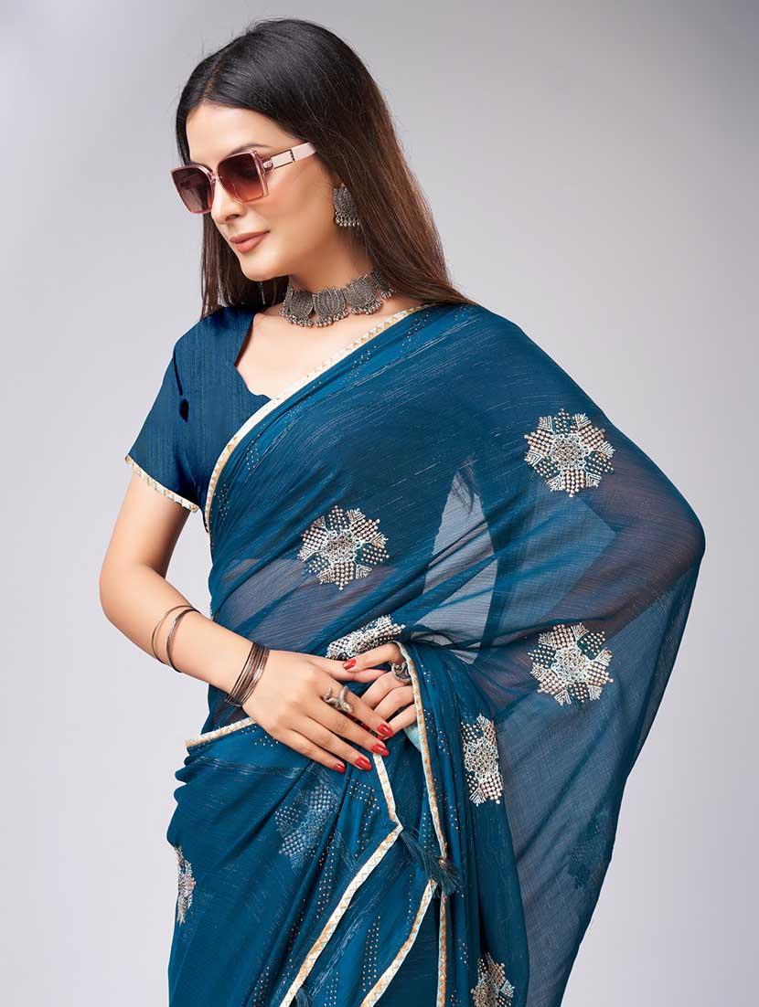 teal colored embellished saree with blouse - 20367474 - Standard Image - 3