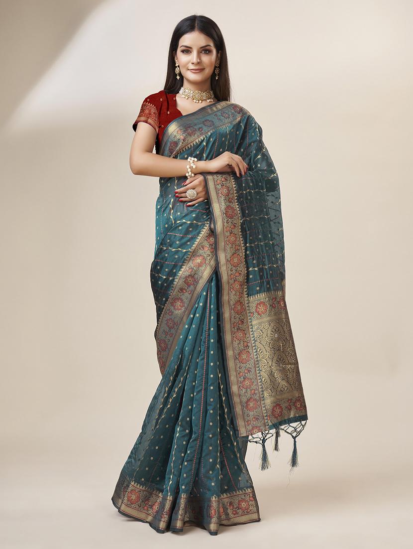 teal colored bordered saree - 20367493 - Zoom Image - 0