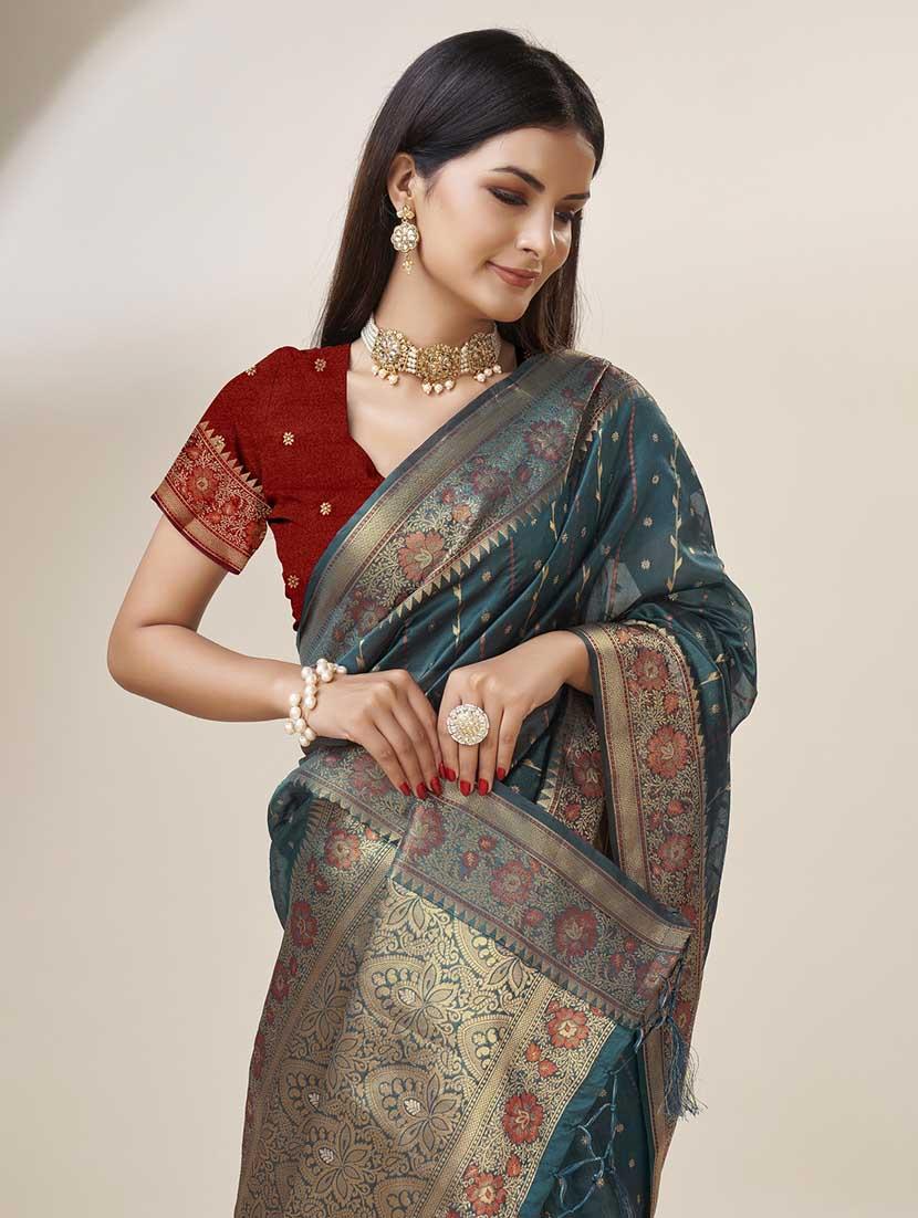 teal colored bordered saree - 20367493 - Standard Image - 3
