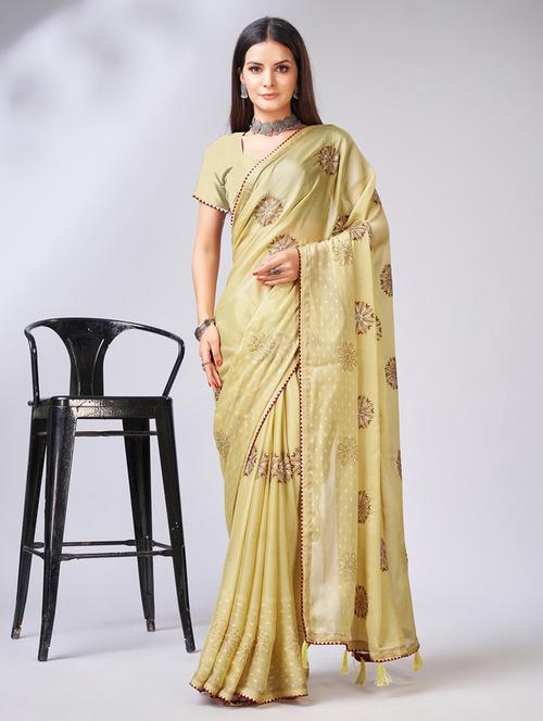 beige colored embellished  saree with blouse - 20367505 -  Standard Image - 0