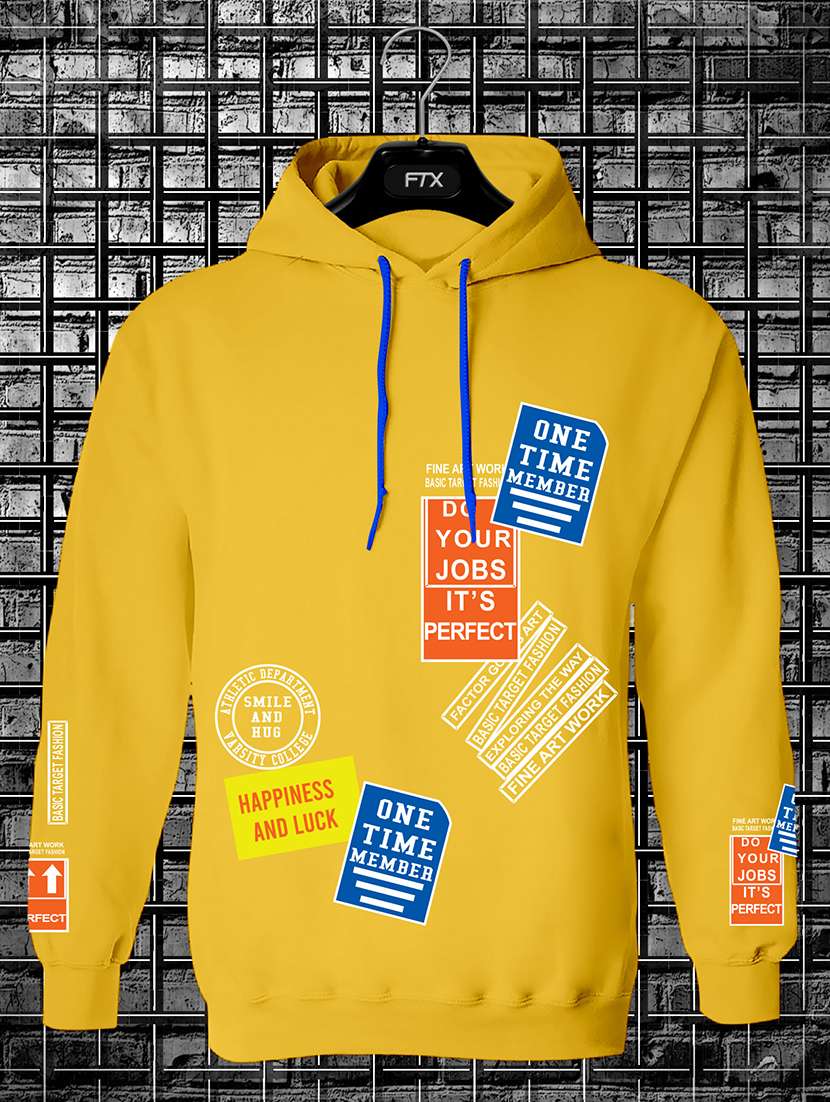 men yellow graphic printed fleece sweatshirt