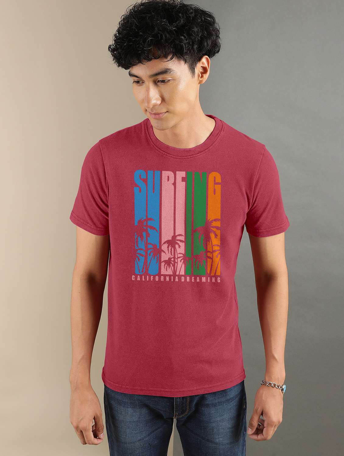 men front print round neck t-shirt