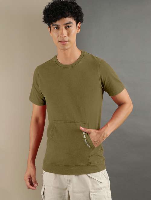 men olive round neck cotton blend regular t-shirt - 20367750 -  Standard Image - 0