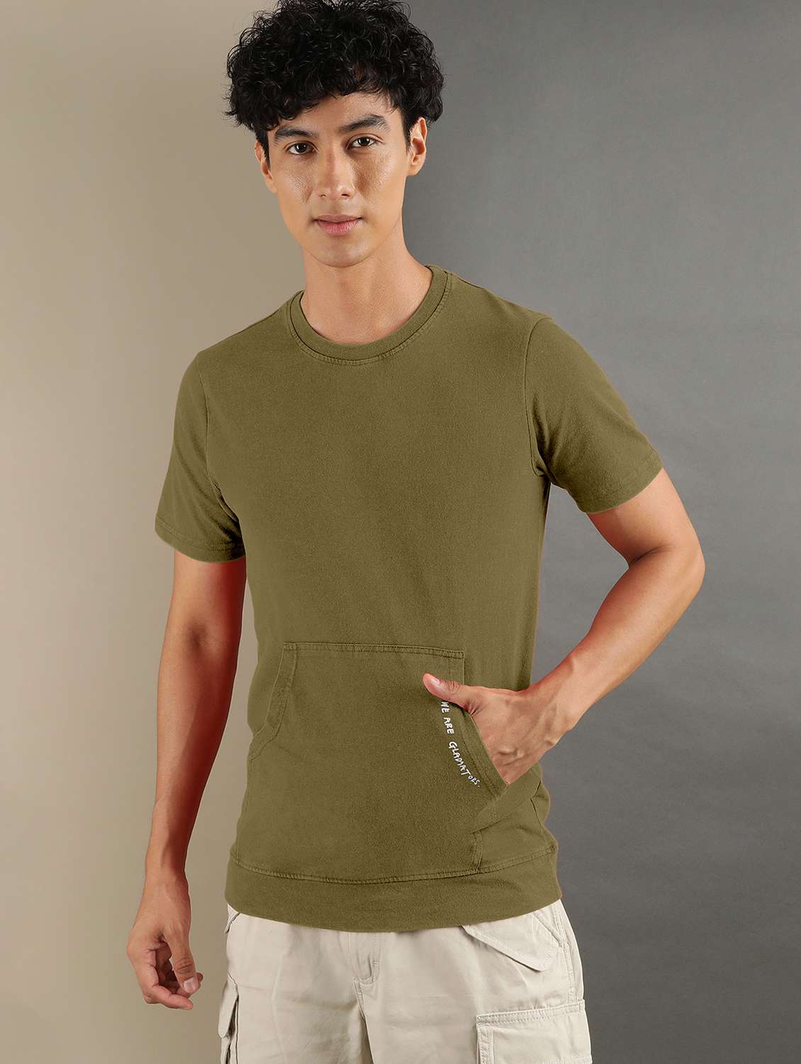 men olive round neck cotton blend regular t-shirt