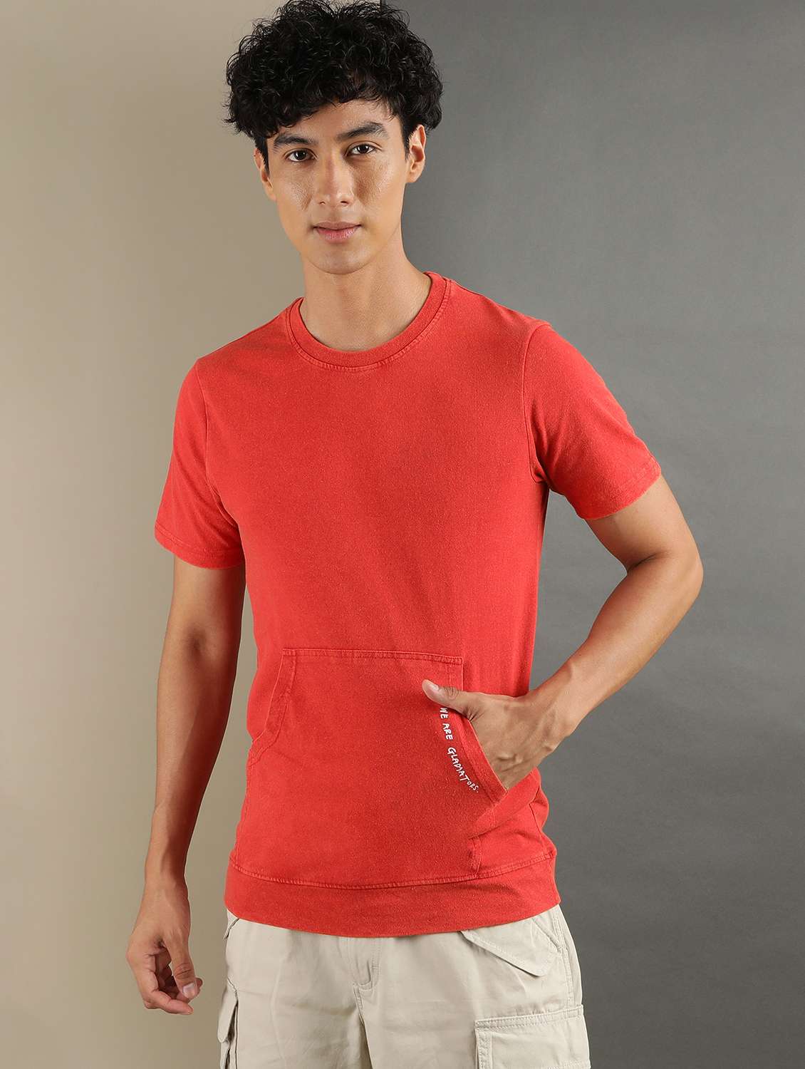 men orange round neck cotton blend regular t-shirt