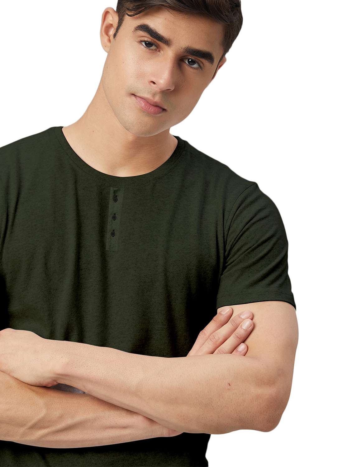 olive solid round neck t-shirt - 20367757 -  Standard Image - 3