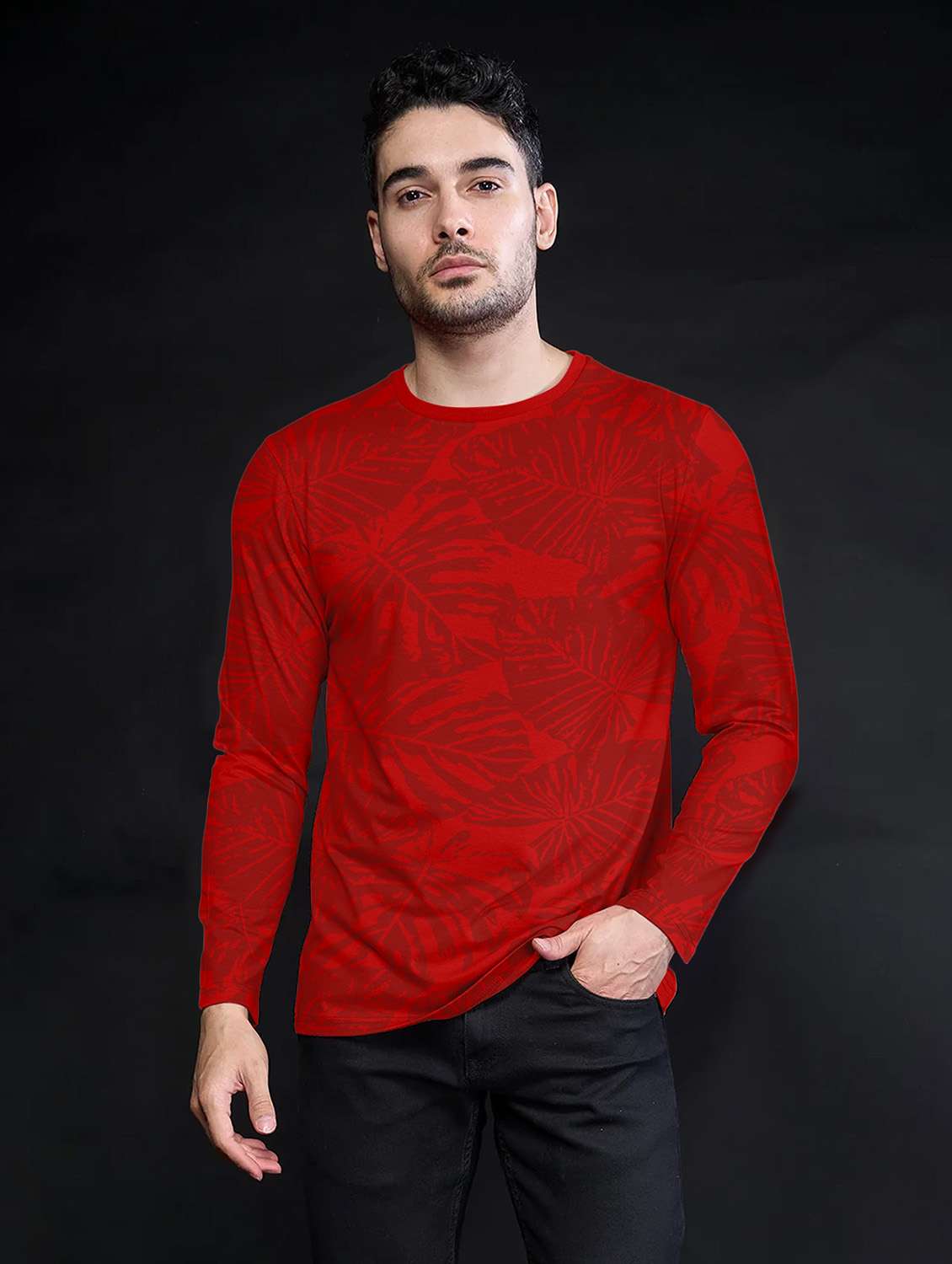 red long sleeve all over print t-shirt
