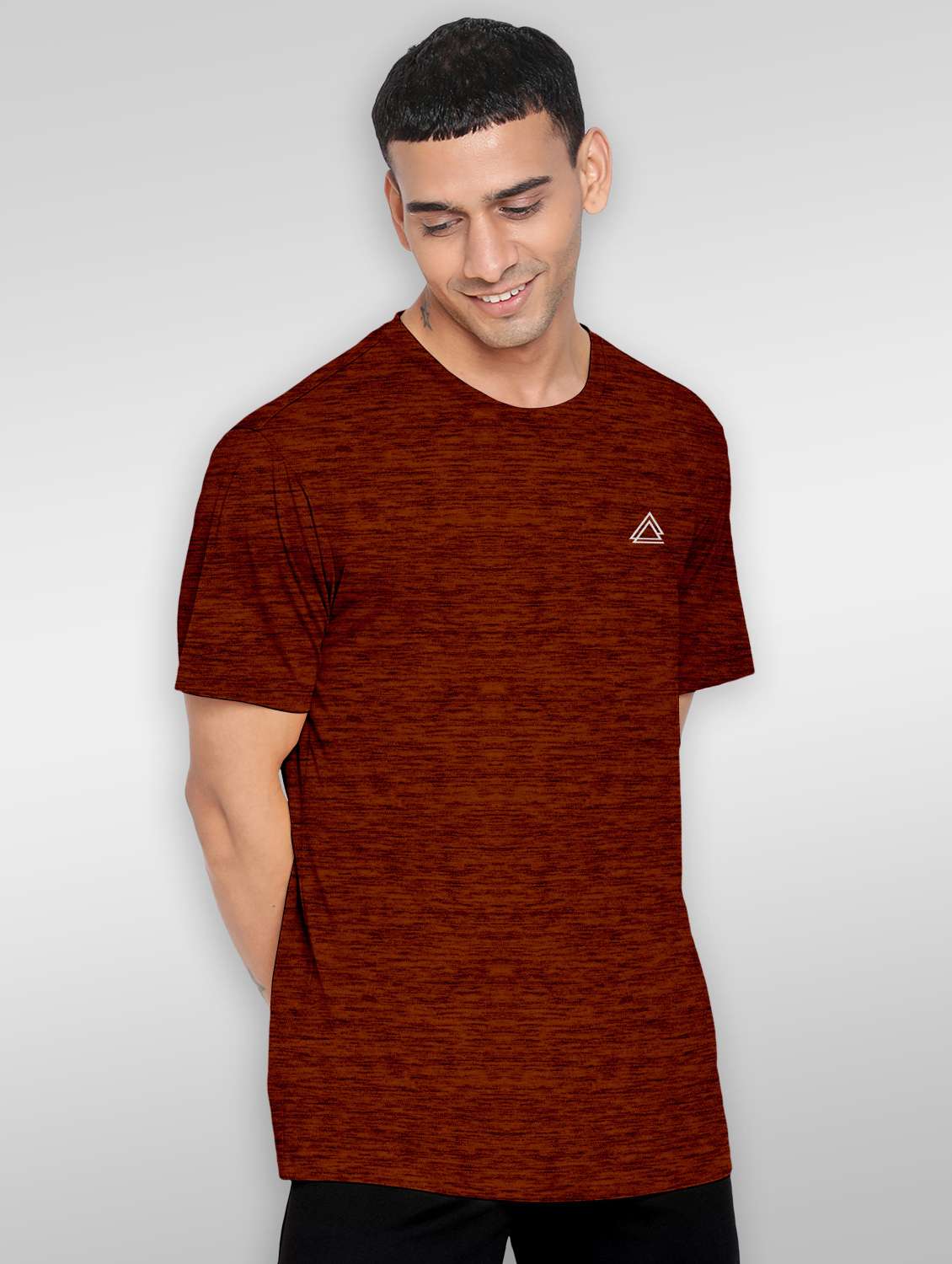 men rust round neck polyester regular t-shirt