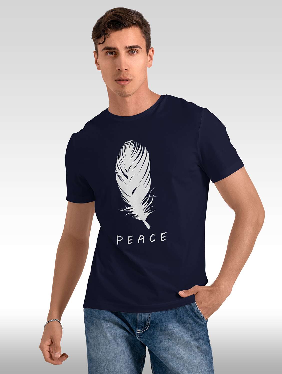 navy blue short sleeve front print t-shirt