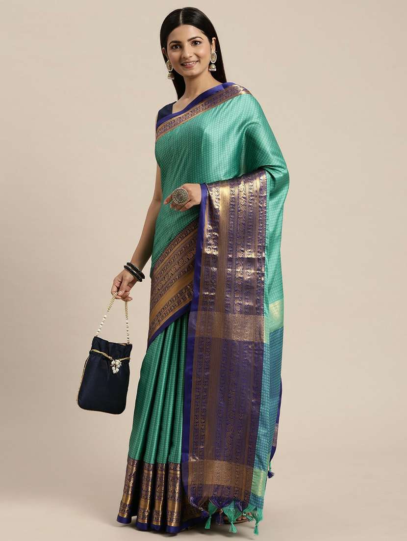 turquoise self design kanjivaram saree with blouse - 20369041 -  Standard Image - 3