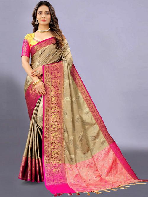 beige self design kanjivaram saree with blouse - 20369042 - Standard Image - 0