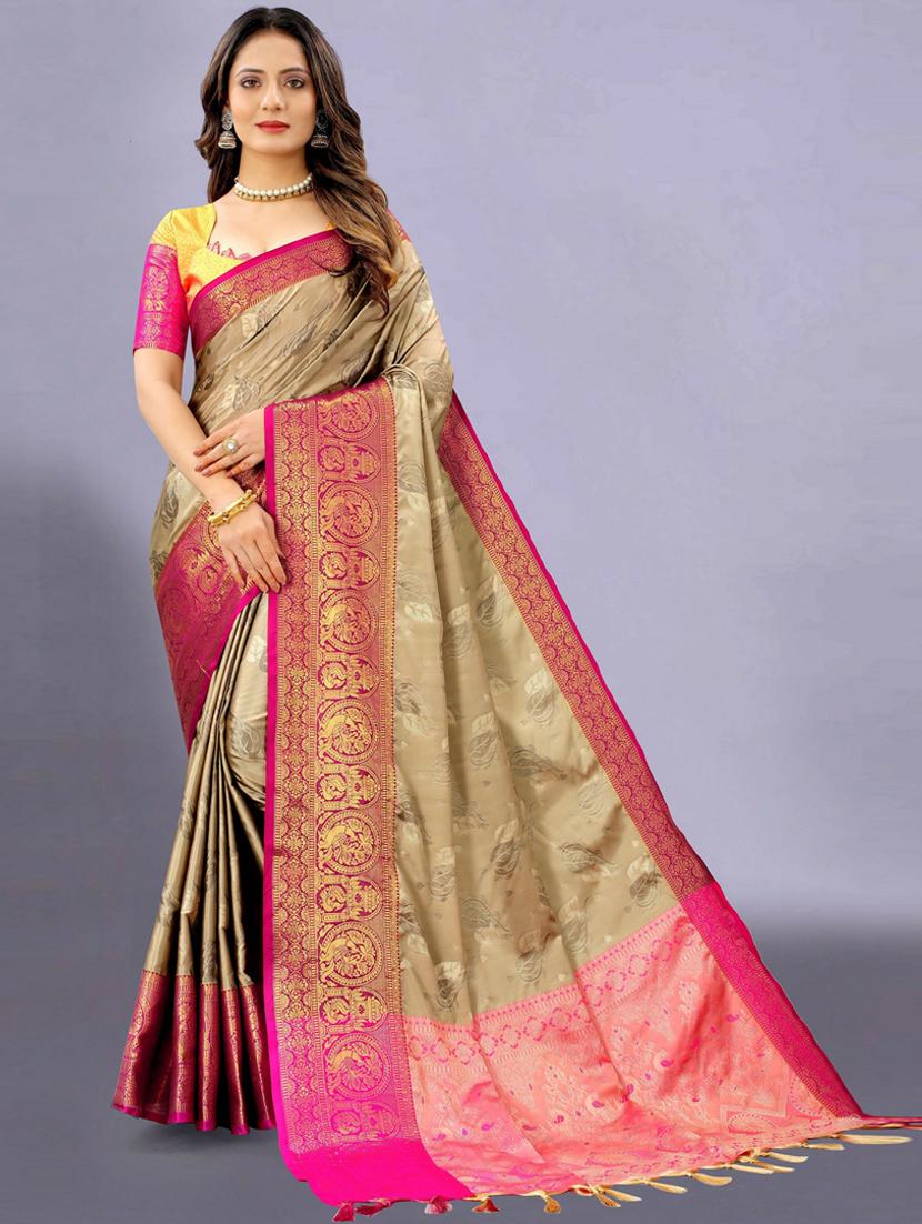 beige self design kanjivaram saree with blouse - 20369042 - Zoom Image - 0