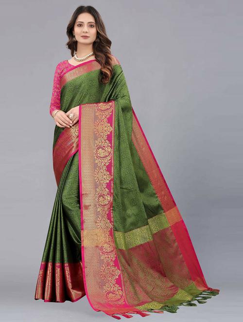 olive self design kanjivaram saree with blouse - 20369053 - Standard Image - 0