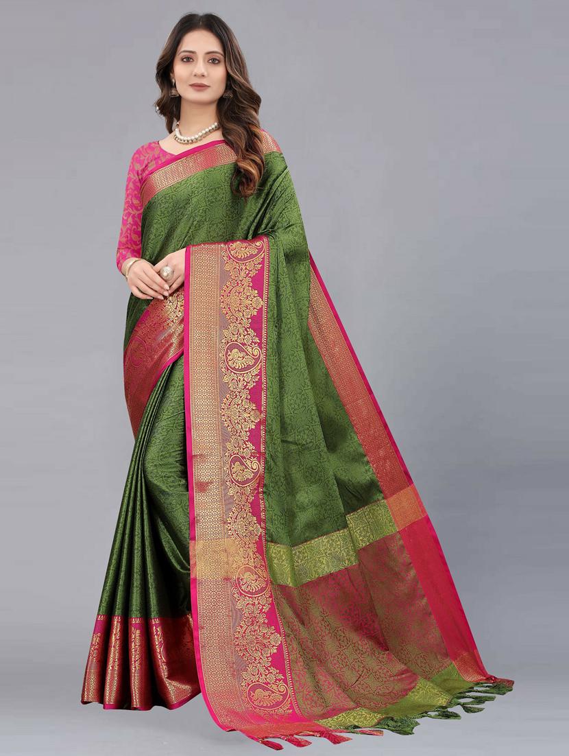olive self design kanjivaram saree with blouse - 20369053 - Zoom Image - 0