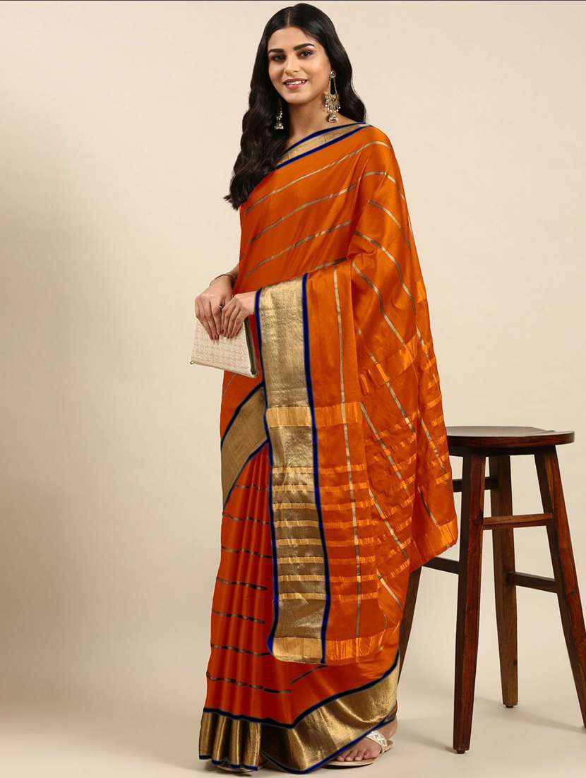 orange self design maheshwari saree with blouse - 20369074 - Zoom Image - 0