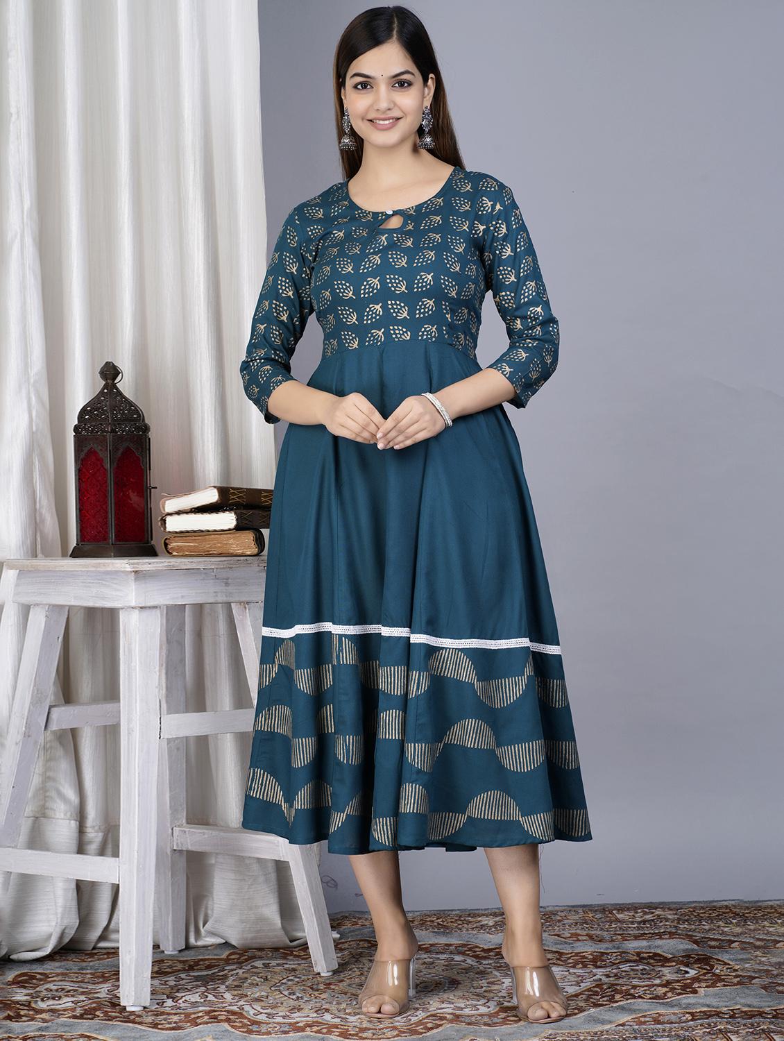 teal colored a-line kurta - 20369328 -  Zoom Image - 0
