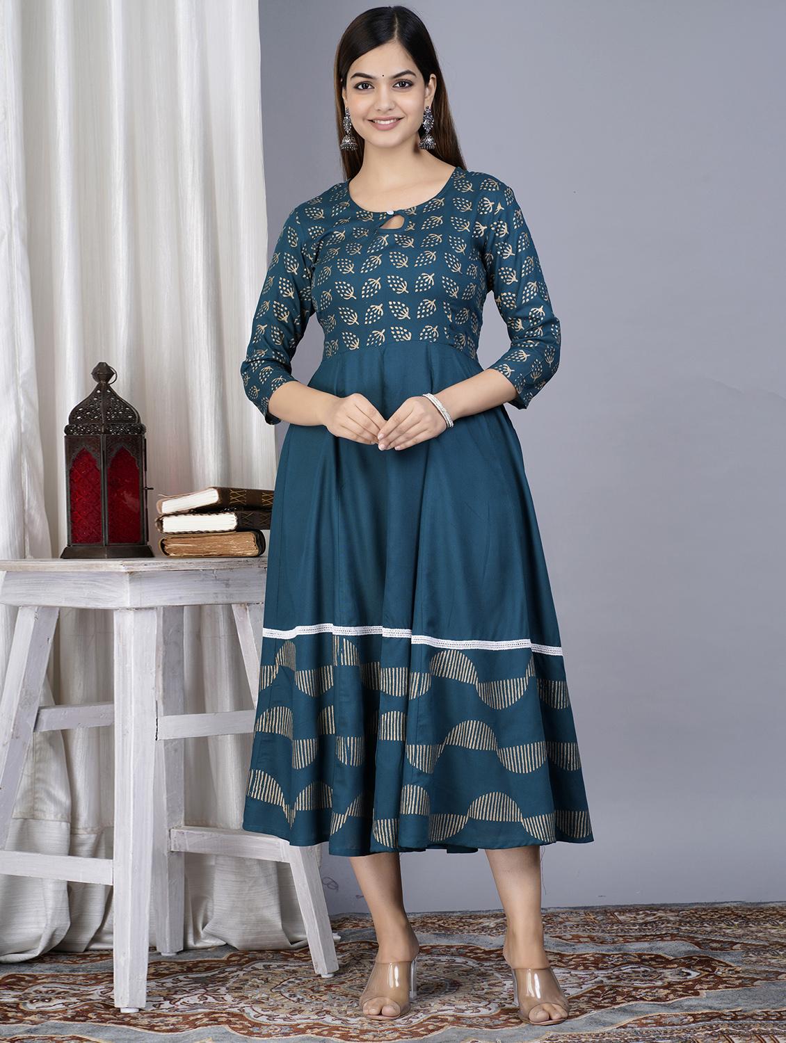 teal colored a-line kurta - 20369329 - Zoom Image - 0