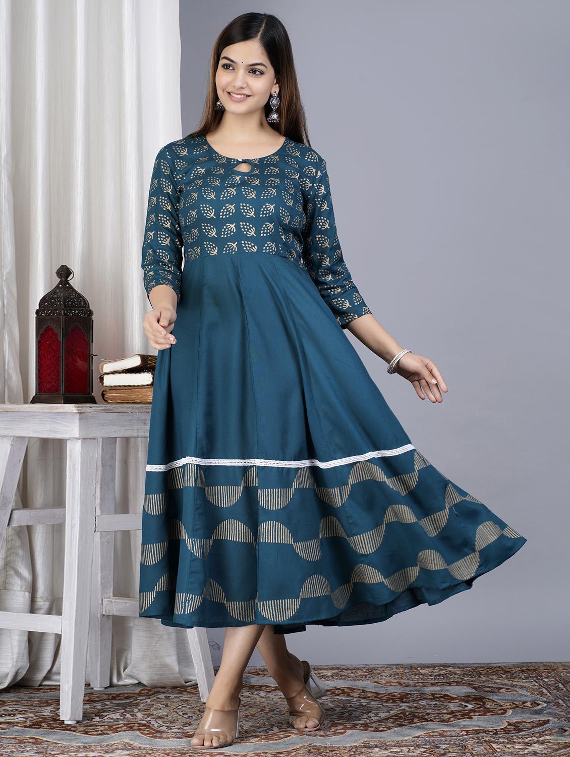 teal colored a-line kurta - 20369329 - Standard Image - 3