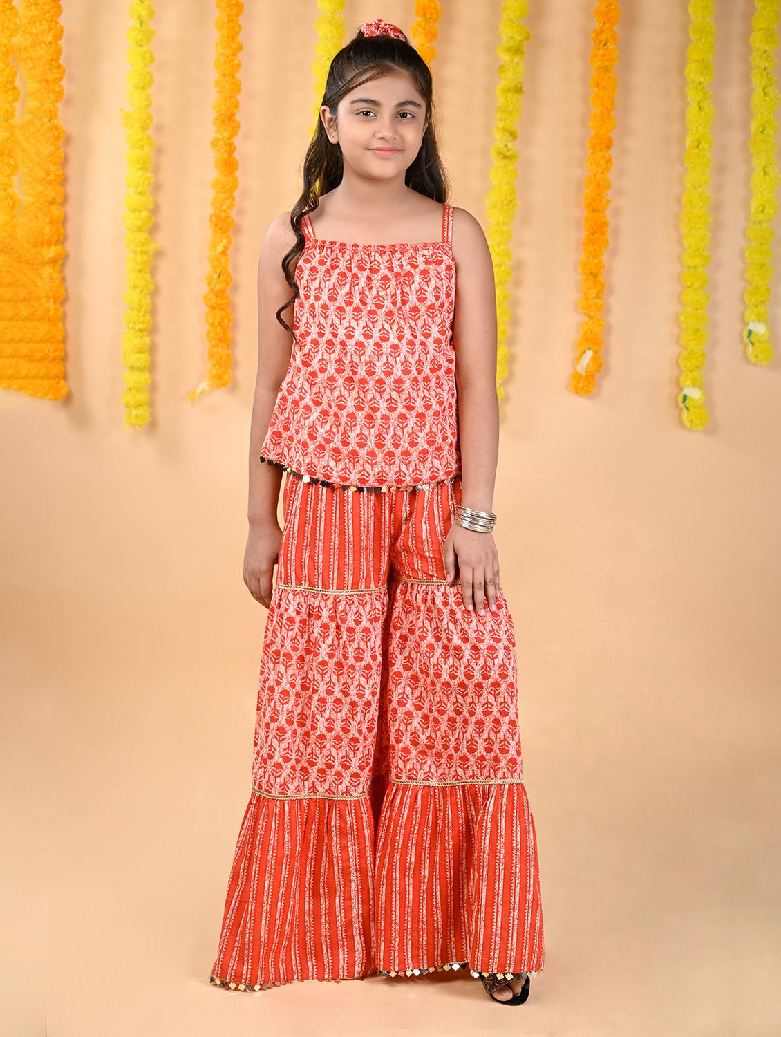 orange batik print kurta sharara set - 20369525 - Zoom Image - 0
