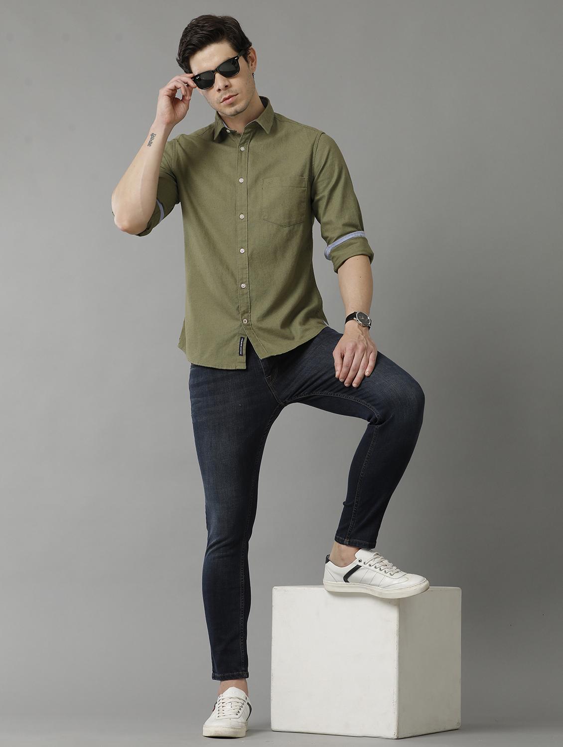 olive cotton casual shirt - 20374719 - Standard Image - 3