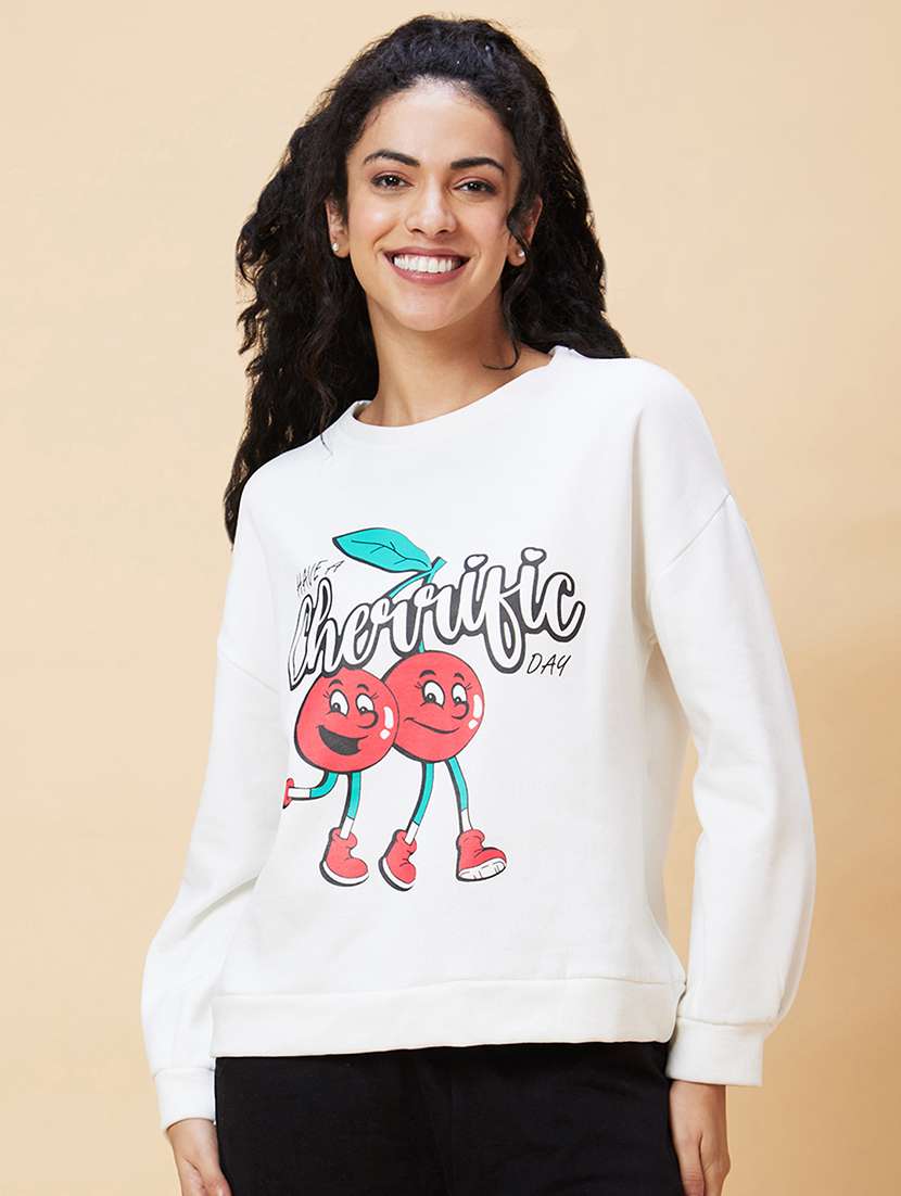 women white cotton front print sweatshirt