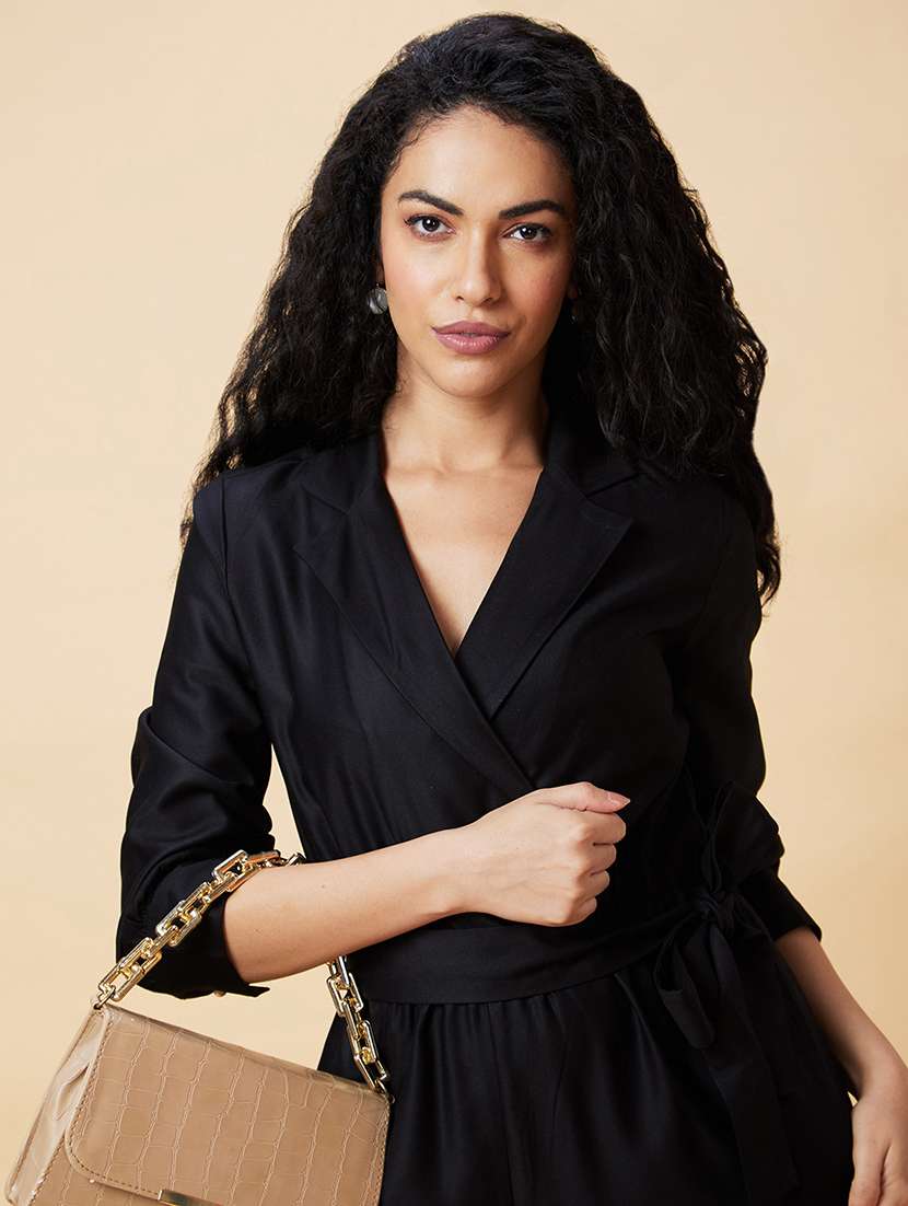 globus women black notched lapel cuffed sleeves waist tie-up party jumpsuit - 20375090 -  Standard Image - 5