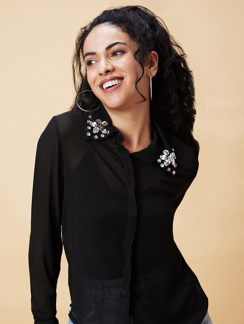women black polyester regular shirt - 20375095 - Standard Image - 3