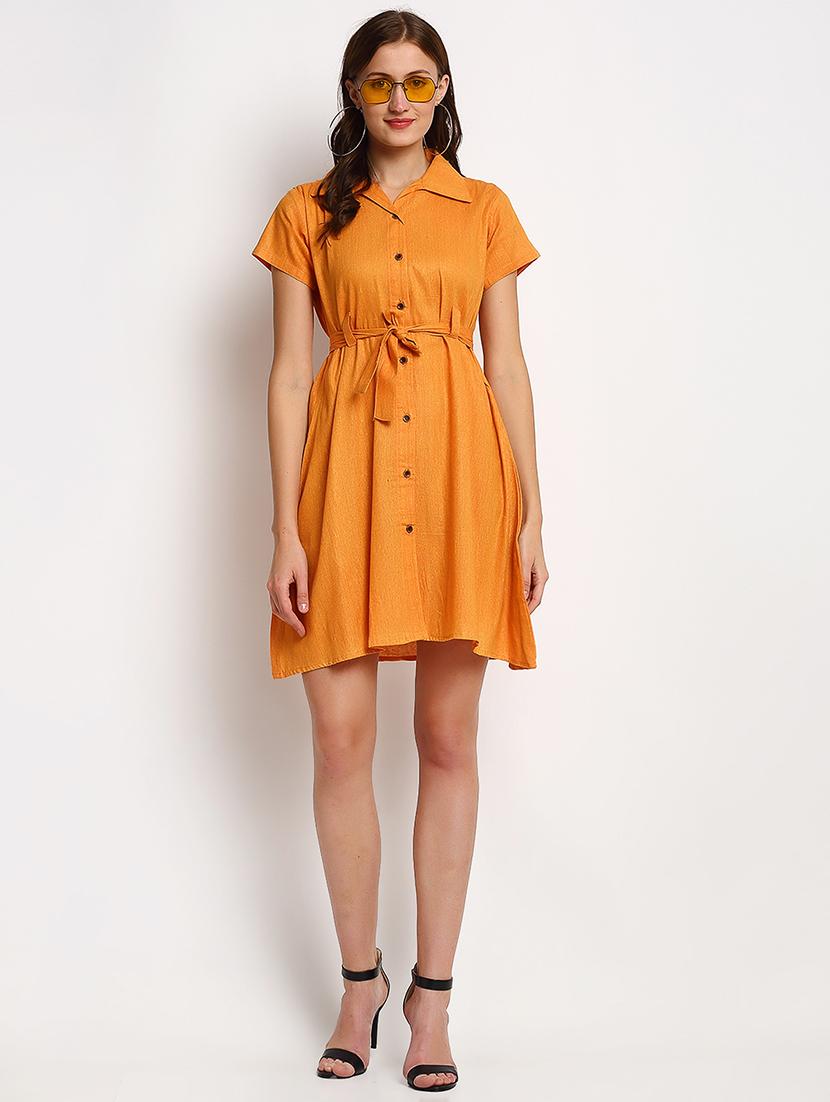 orange solid a-line dress - 20375234 - Standard Image - 3