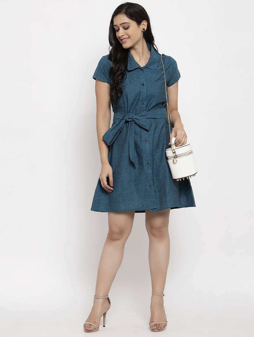 women blue solid short sleeves shirt dress  - 20375240 -  Standard Image - 3
