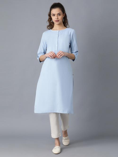 women light blue cotton straight kurta - 20375248 - Standard Image - 0