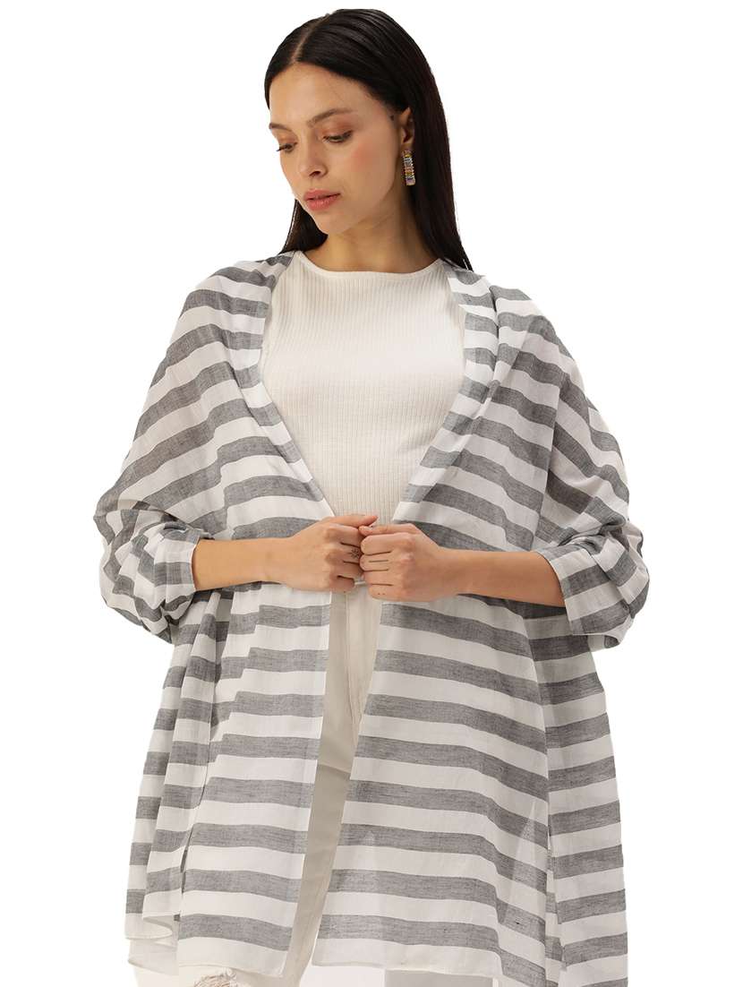 white with grey striped handwoven cotton scarf