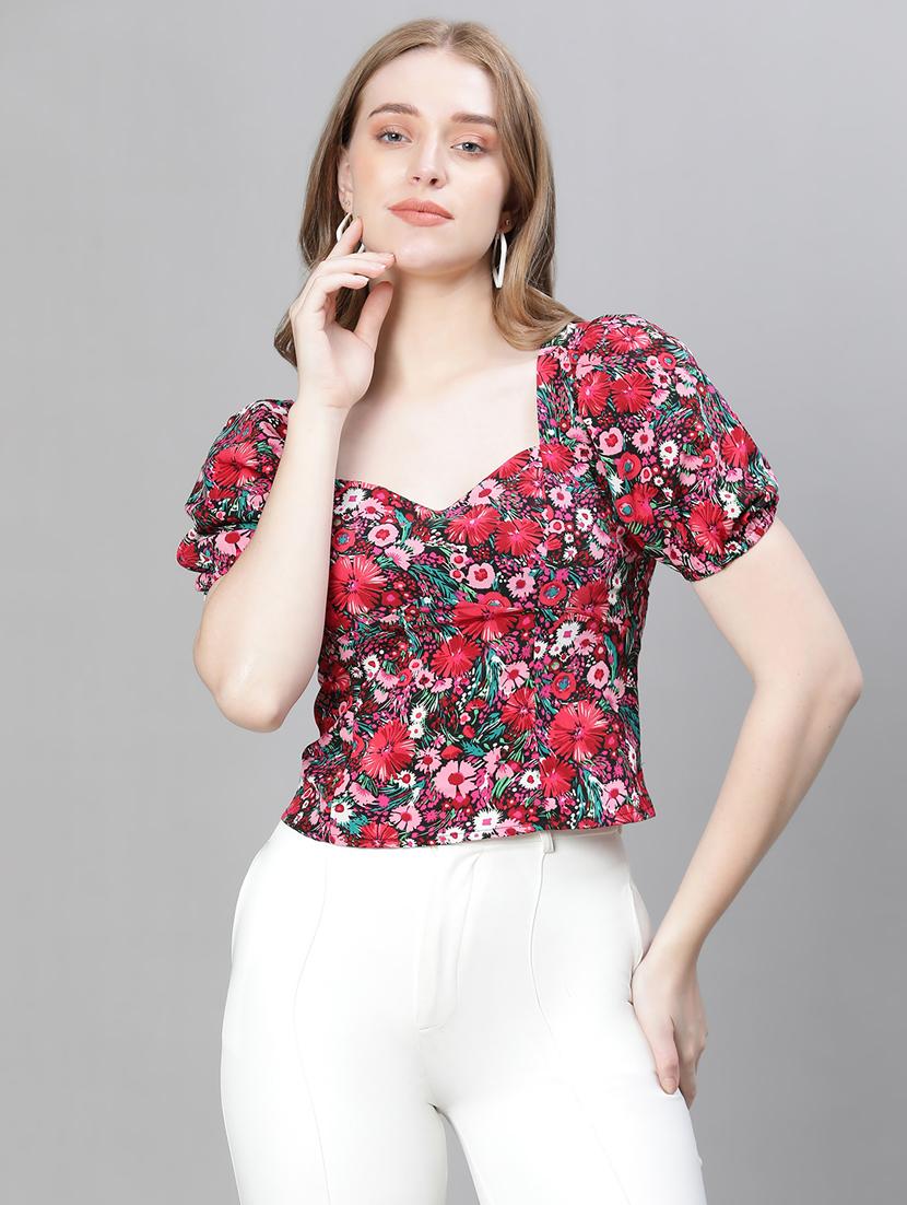 multi colored floral print puff sleeves top - 20376627 -  Zoom Image - 0