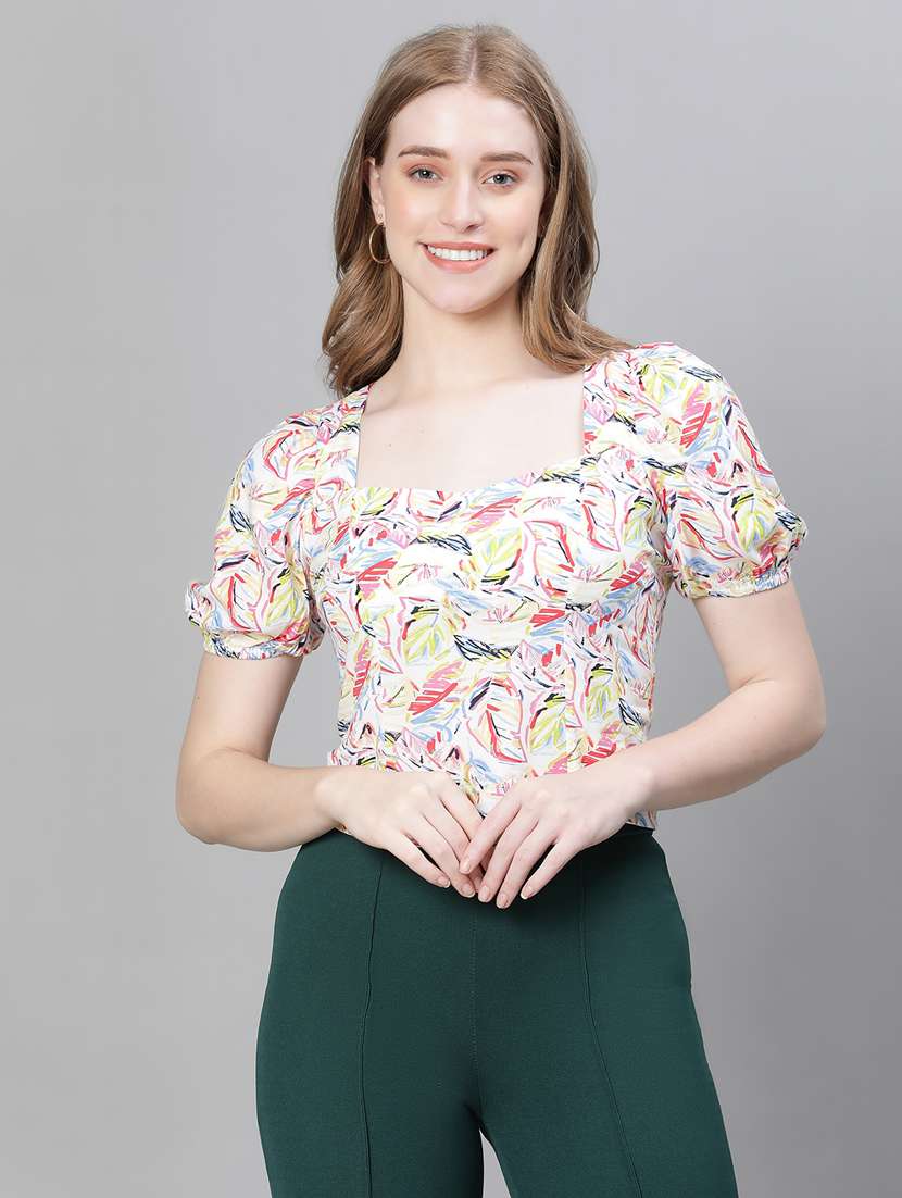 multi colored printed puff sleeves crop top
