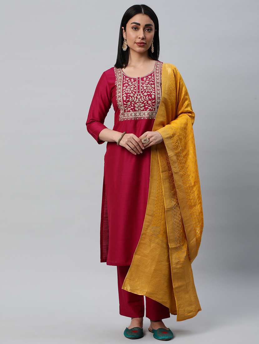 women magenta round neck kurta pant set with dupatta - 20376650 - Zoom Image - 0