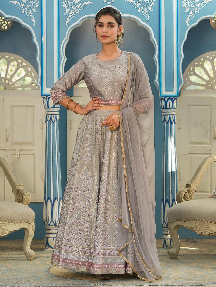 grey printed flared stitched lehenga