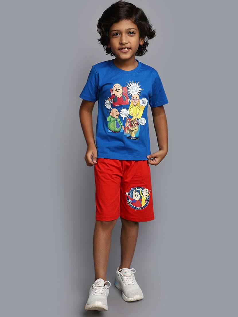 boys round neck graphic printed shorts set