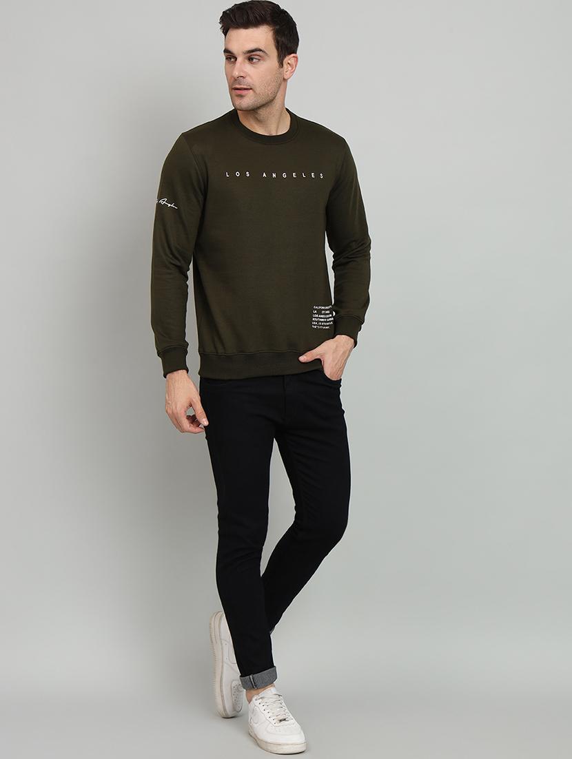 men olive fleece chest print sweatshirt - 20377752 - Standard Image - 3