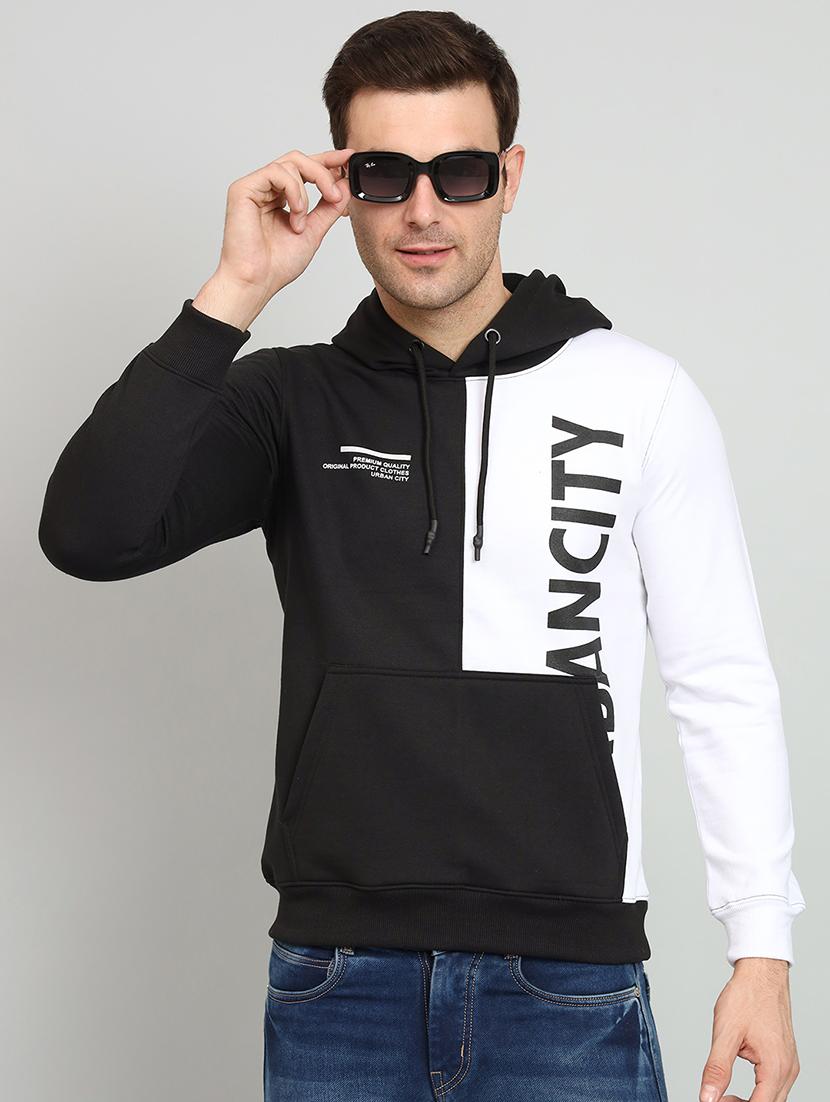 men black color block hooded fleece sweatshirt