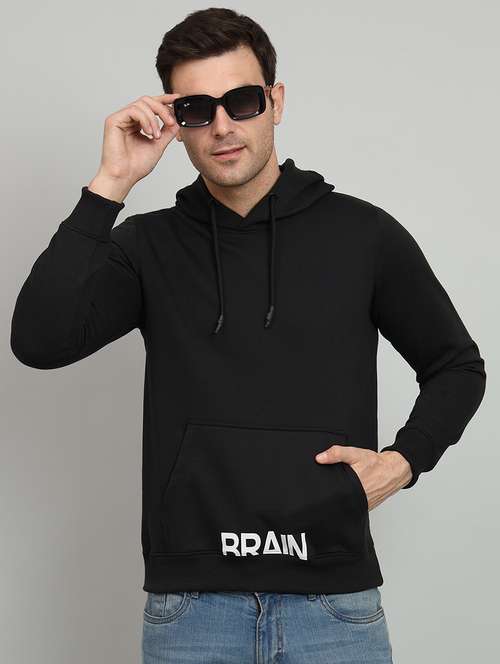 men black typographic print hooded fleece front print sweatshirt - 20377759 - Standard Image - 0