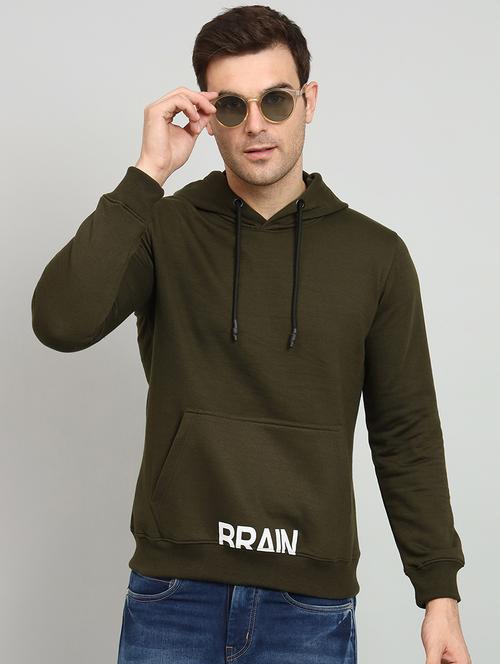 men olive hooded placement printed sweatshirt - 20377763 -  Standard Image - 0