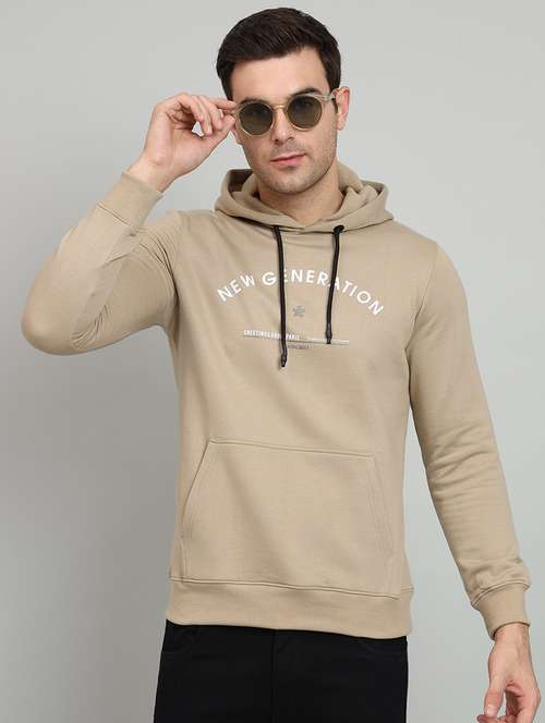 men beige typographic print hooded fleece chest print sweatshirt - 20377767 - Standard Image - 0