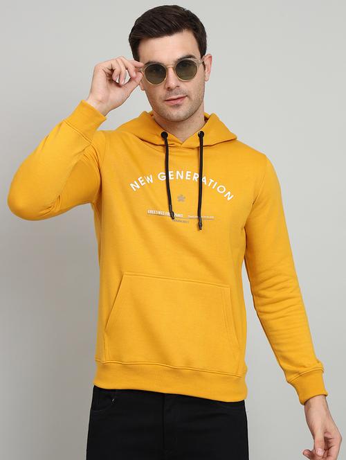 men typographic print mustard fleece hooded front print sweatshirt - 20377768 - Standard Image - 0