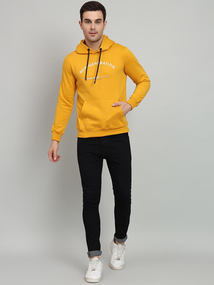 men typographic print mustard fleece hooded front print sweatshirt - 20377768 - Standard Image - 3