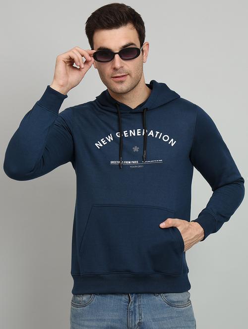 men typography print teal fleece hooded front print sweatshirt - 20377769 -  Standard Image - 0