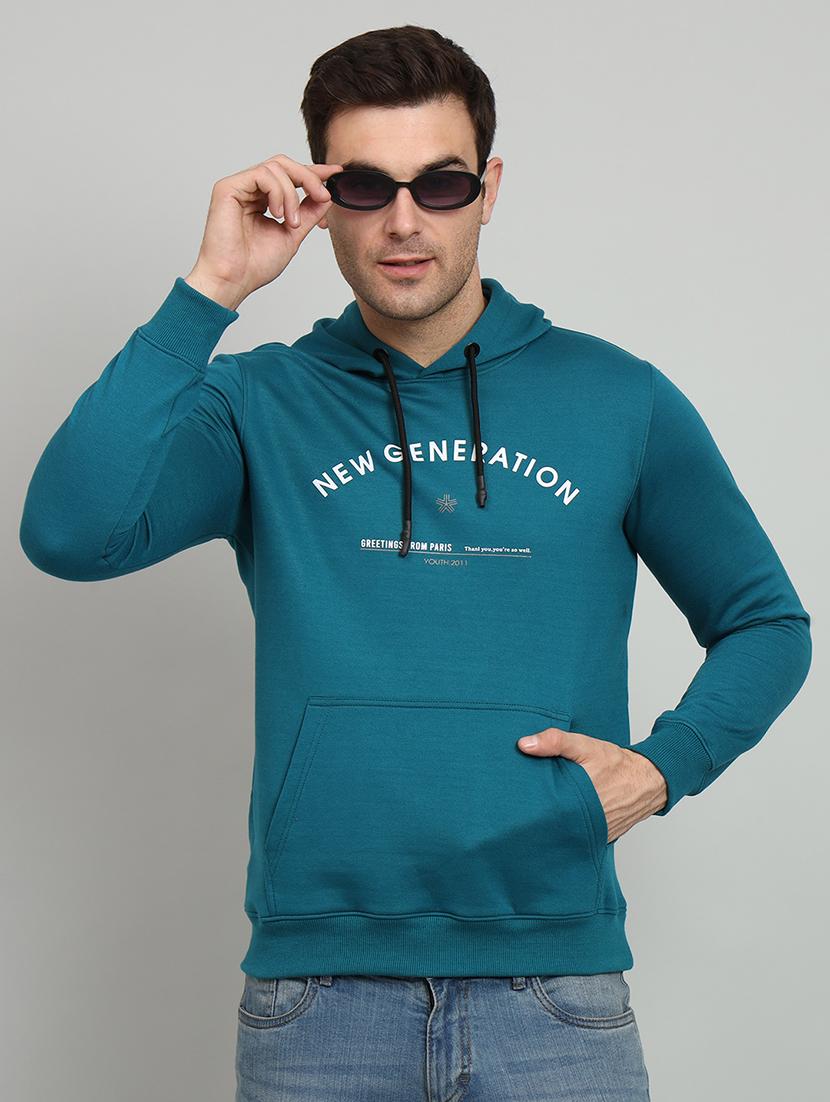 men typography print teal fleece hooded chest print sweatshirt