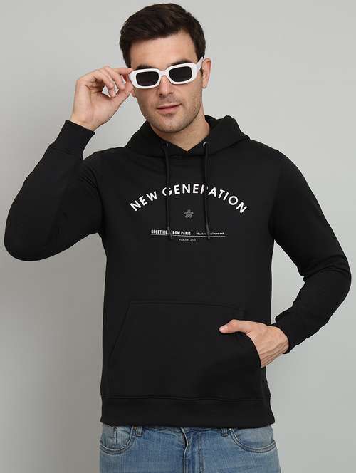 men black typographic print hooded fleece chest print sweatshirt - 20377772 - Standard Image - 0