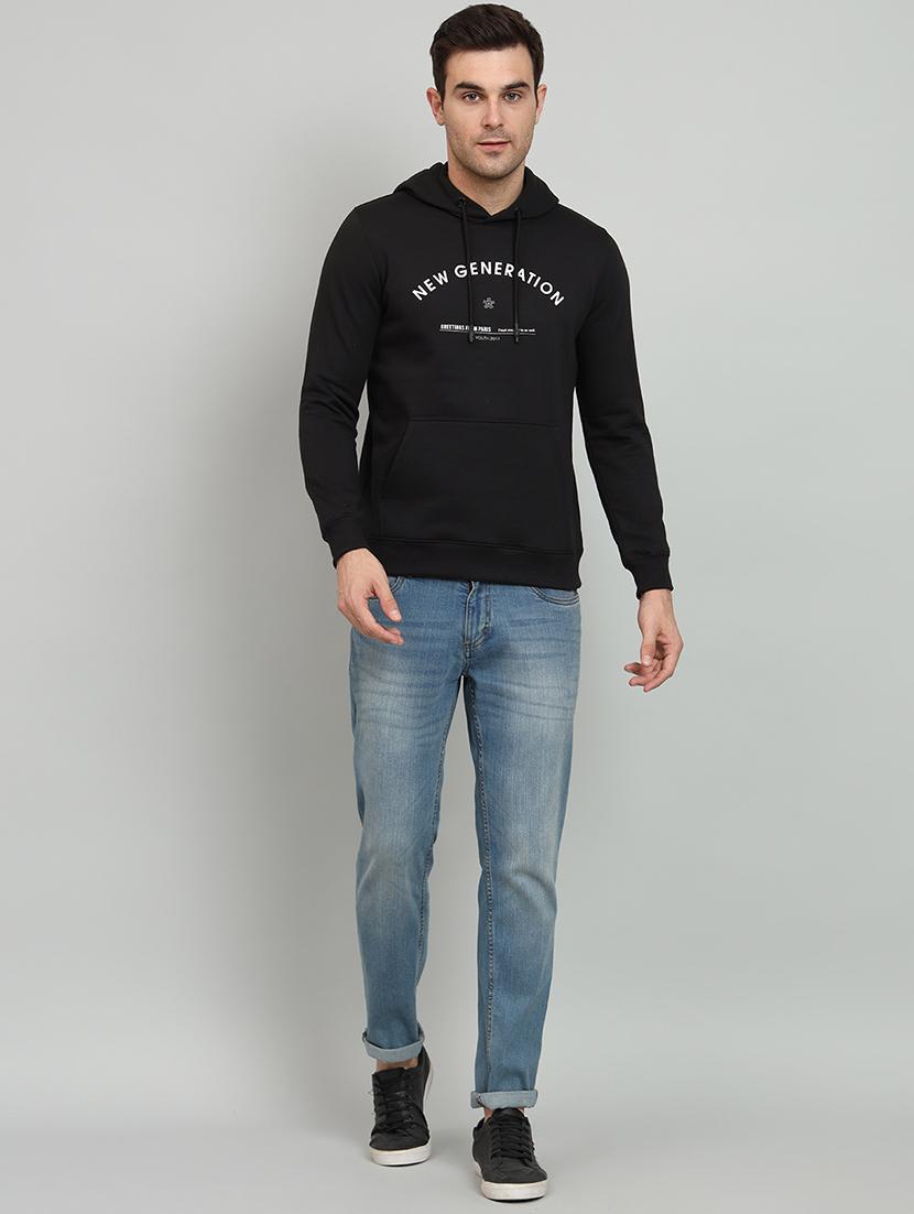 men black typographic print hooded fleece chest print sweatshirt - 20377772 - Standard Image - 3